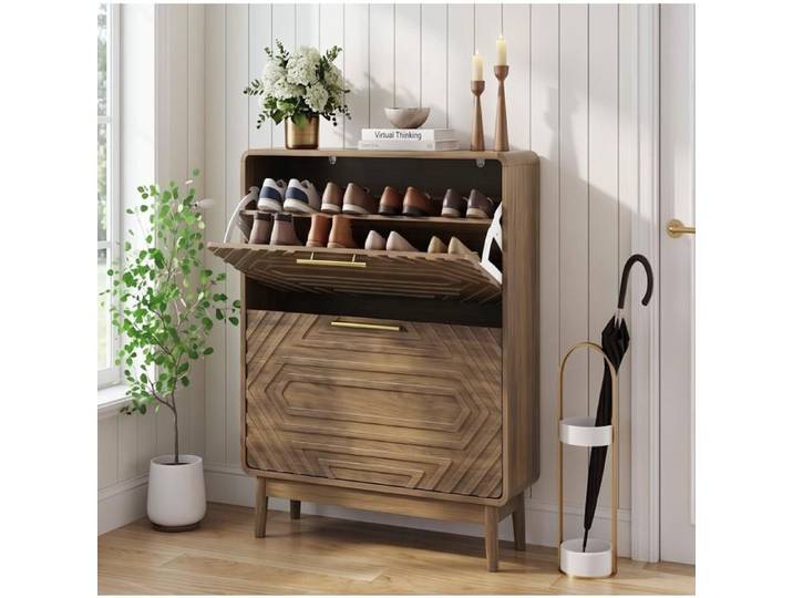 ULEVR Meuble à chaussures 60 cm noyer 2 compartiments basculants MDF avec pieds en bois