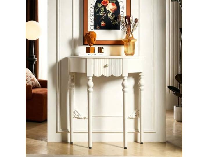 Massivholz Konsole Tisch mit geriffelten Schubladen für Eingangstisch FAS-Qualität Gummiholz, französischer Retro-Stil, schmal platzsparend, Flurkonsole Tisch(White,31.5in/80cm)