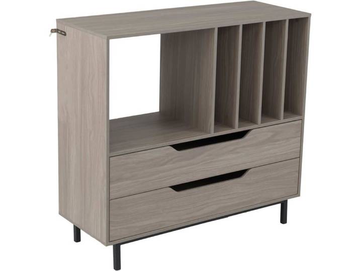 GOPLUS Meuble de Rangement 91x36x87CM 4 Niveaux pour 300 Albums Disques Support Tourne Disque Vinyle avec 2 Tiroirs Gris