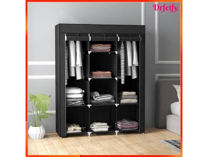 Armoire penderie multi-rangement - AKOZON - 9004 - 8 étagères - 2 barres - rideau enroulable