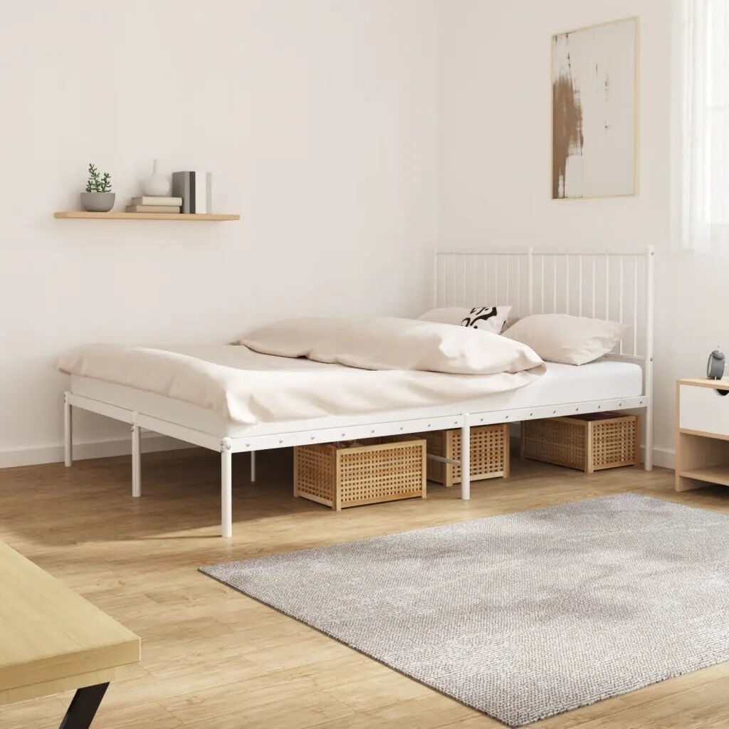 17 Stories Metal Bed Frame with Headboard White White Double (4'6)