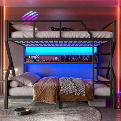 GREATPLANINC Metal Bunk Bed with Storage Shelves LED Lights Ladders Guardrails