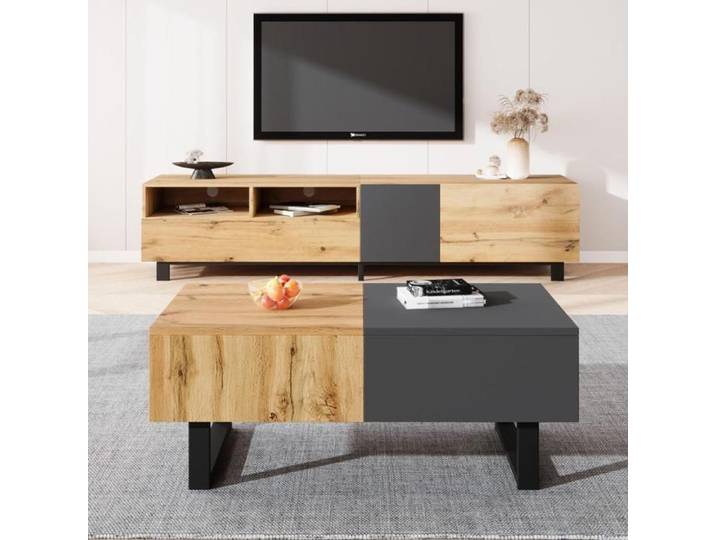 Table basse salon coulissante avec rangement caché convient aux Naturel+Noir