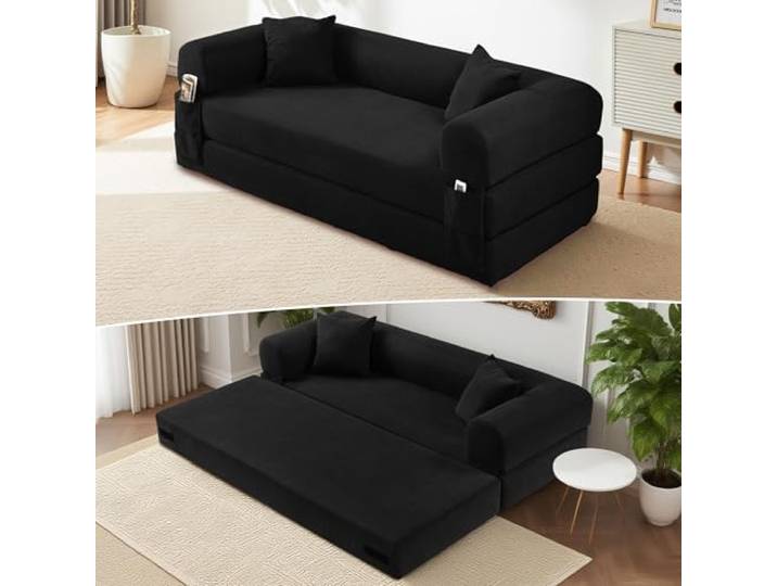 finoki Schlafsofa 203cm Breit, 3-in-1 Sofa Bed Boneless Couch Cord Sofa, Langlebig Cord mit Hochdichter Schaumstoff Rückenpolster Sofa fürs Wohnzimmer, Black