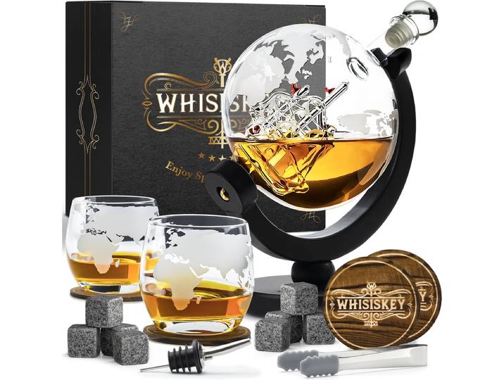 Whisiskey Whiskey Karaf - Wereldbol - Luxe Whisky Karaf Set - 0\,9 L - Decanteer karaf - Whiskey Set - Incl. 8 Whiskey Stones\, 2 Whiskey Glazen & Extra Accessoires