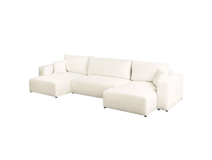 Wohnlandschaft mit Schlaffunktion Beige Cordstoff Poppy 398 x 70 x 148cm Gleichschenklig mit Schlaffunktion Modern