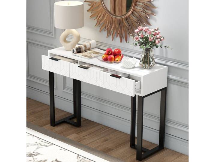 Console 3 tiroirs avec rangements style contemporain pour entrée et salon MDF blanc et noir 120 × 36 × 80 cm - UVRION
