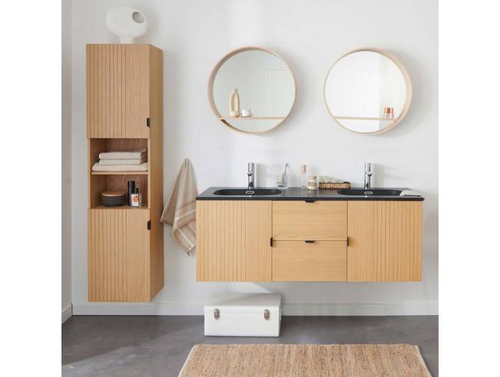 Meuble STUDIO double vasque 140cm chêne\, robinets noirs\, miroirs et colonne