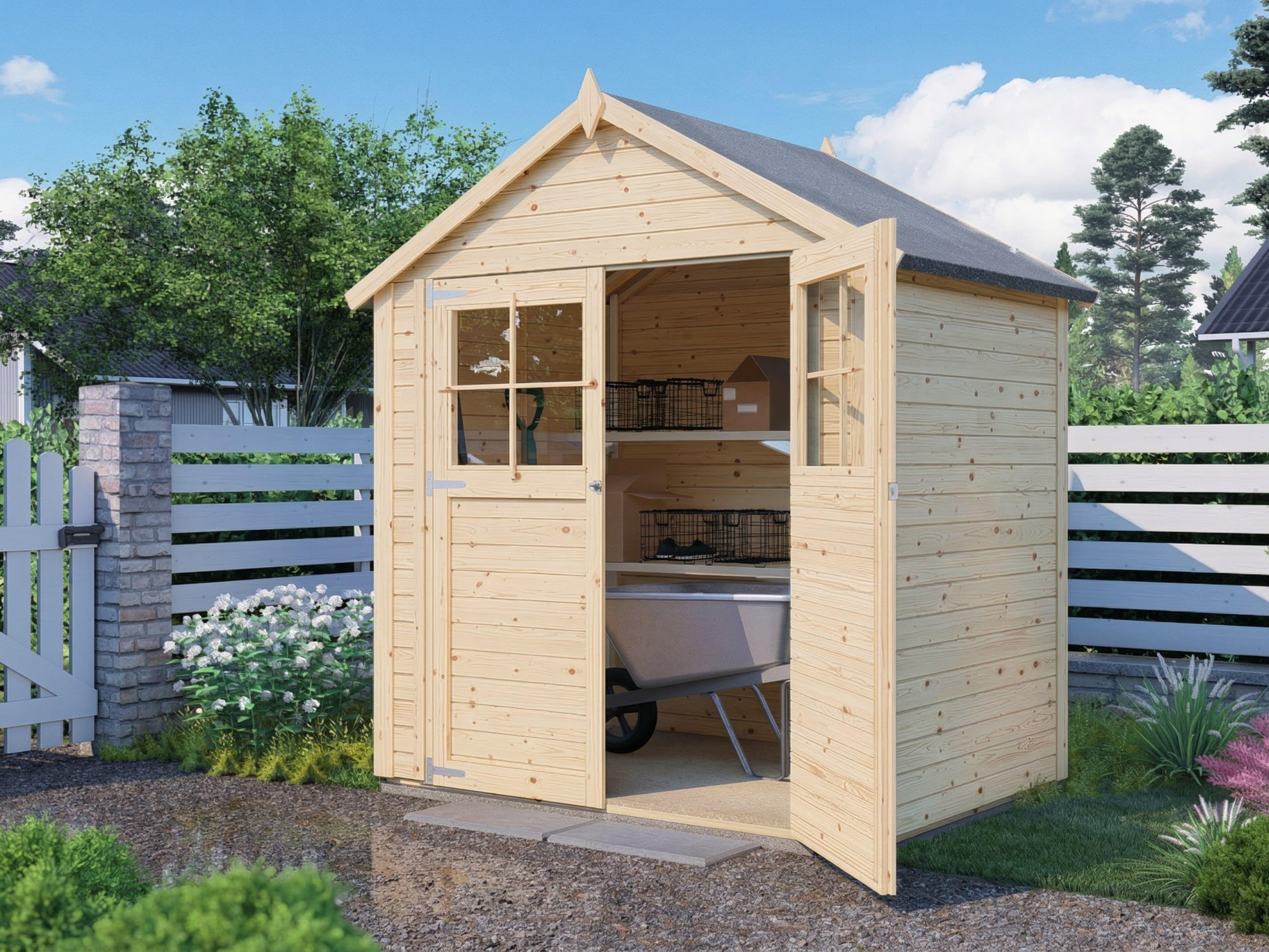 WOODTEX Naturbelassen 181 x 122 cm Gartenhaus Osterfeld 1, 19 mm Wandstärke Fichtenholz, Gerätehaus Mit Satteldach Und Doppeltür, Elementbauweise, Inklusive Fußboden