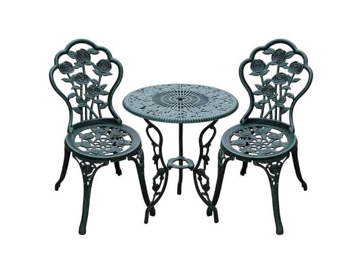 LIA Ensemble salon jardin 2 places 2 chaises table ronde fonte alu vert vieilli
