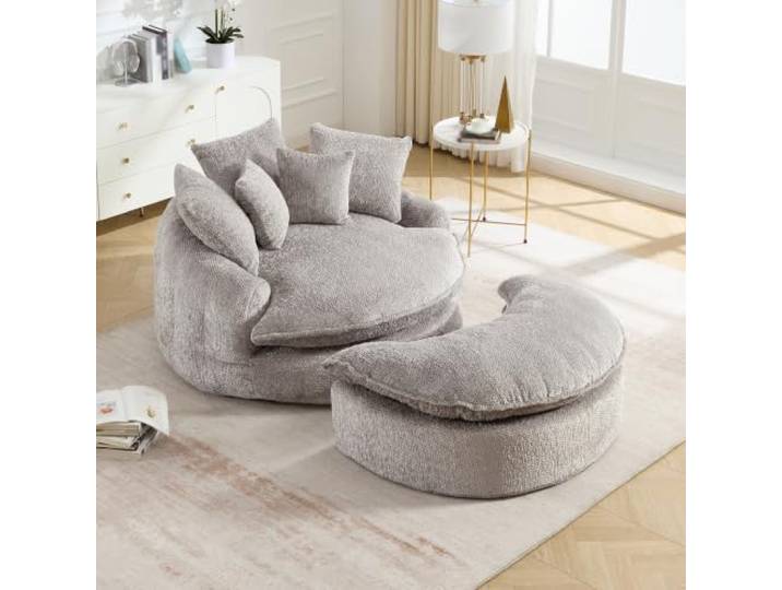 55-Zoll-langer Polyester-Schaumstoff-Sessel, Flauschiger moderner Sofa-Bett Oversized runder Stuhl für Wohnzimmer, Lounge und Projektionsraum, Beiter Sessel mit Verstellfunktion, mit Kisse
