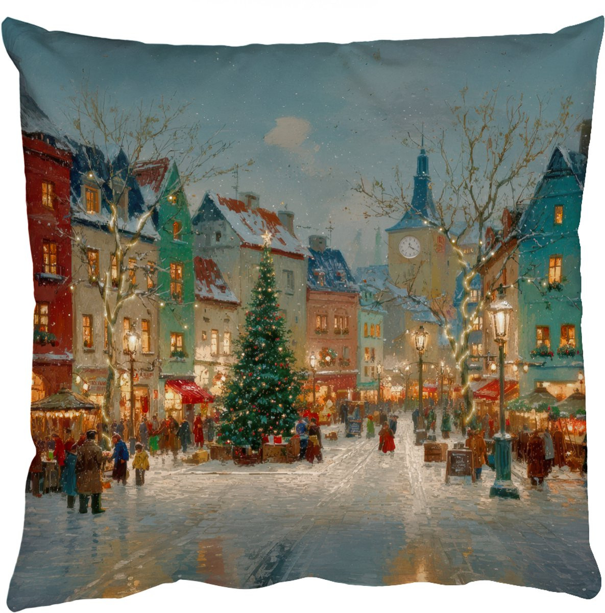 Kleurrijke kerstsfeer sierkussens Stadsplein 50 x 50 cm
