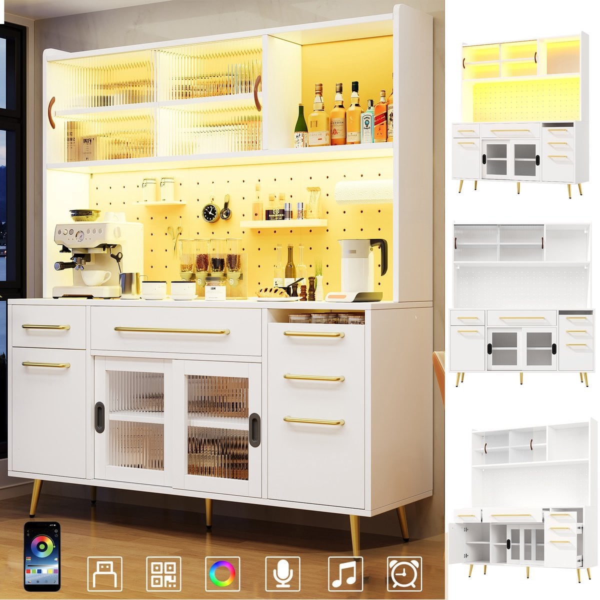 Modern Sideboard met LED-verlichting en geperforeerde plaat in wit hout en glas