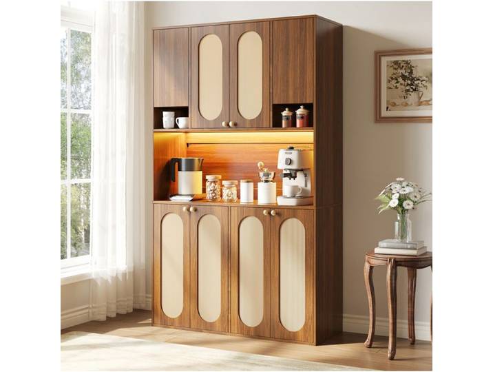 MEULVA Buffet haut en MDF 8 portes style bois naturel avec LED réglable et espace bar central