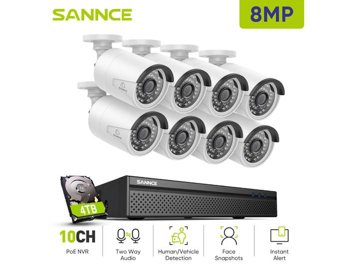 SANNCE 5MP 8MP POE système de caméra de sécurité H264 + 8CH NVR 4/6/8 pièces 2.8mm caméra de vision nocturne IP66 résistant aux intempéries 8mp caméra ip