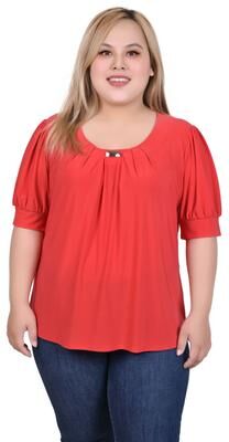 NY COLLECTION Short Sleeve Balloon Sleeve Top With Hardware