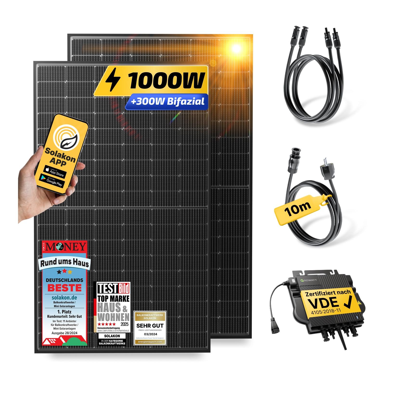 Balkonkraftwerk 1000W/800W Solaranlage Steckerfertig WIFI Komplettset Photovoltaik Anlage 800W, Kabellänge: 10m