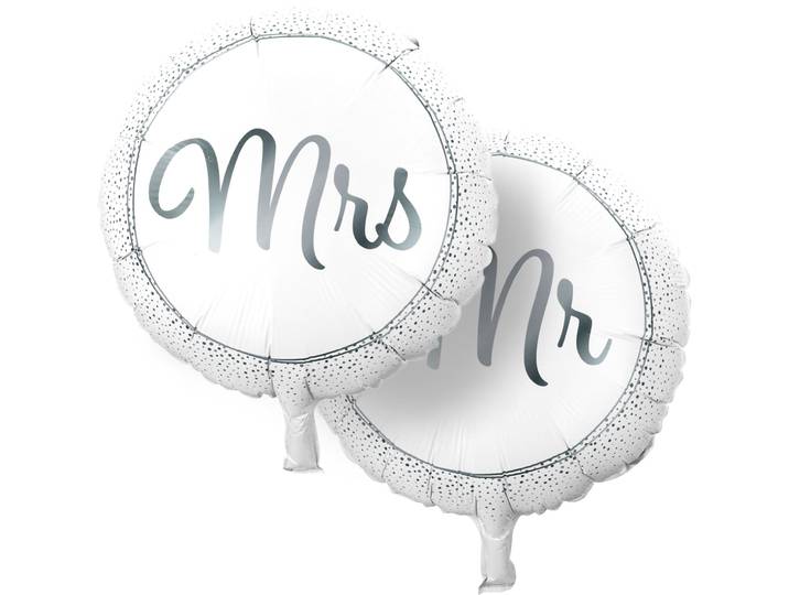 Luftballons Mr & Mrs , 2 Stück, silber/weiss, Ø 46 cm