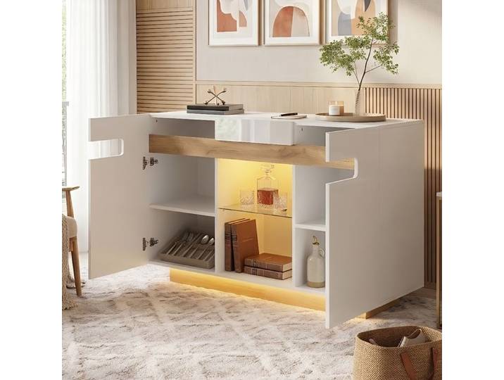 Sideboard LED 120x40x80cm - Façade Haute Brillance - Étagères en Verre Ajustables - Style Élégant - Blanc et Bois Naturel