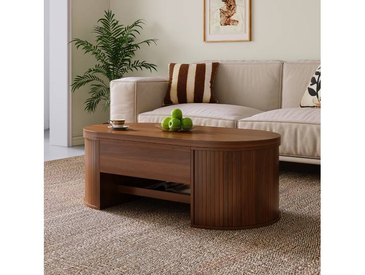 Table Basse Relevable 110x55\,5x40 Cm Marron Noyer En Mdf Avec Rangement Et Tablette Coulissante