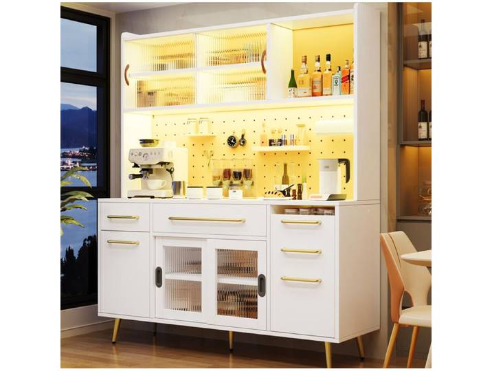 MEULVA Buffet de cuisine LED blanc 145x39x171 cm armoire haute avec pegboard tiroirs et portes vitrées