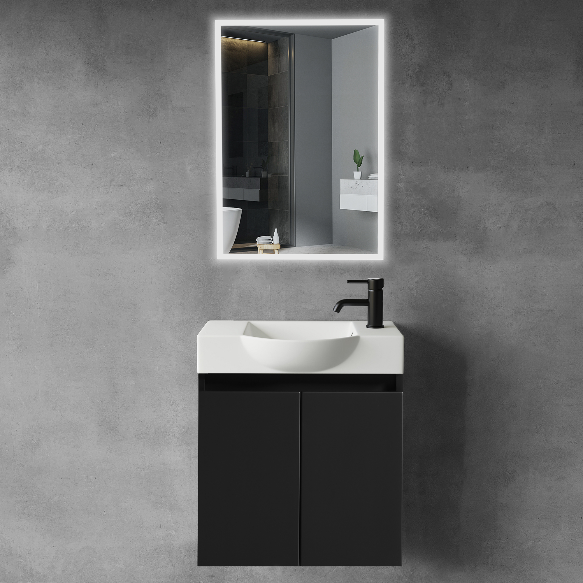 Alpenberger Waschbecken mit Unterschrank 55cm + LED Spiegel 45x70 Gäste-WC, Keramik-Set mit LED Spiegel, Touch on/off, energieeffizient