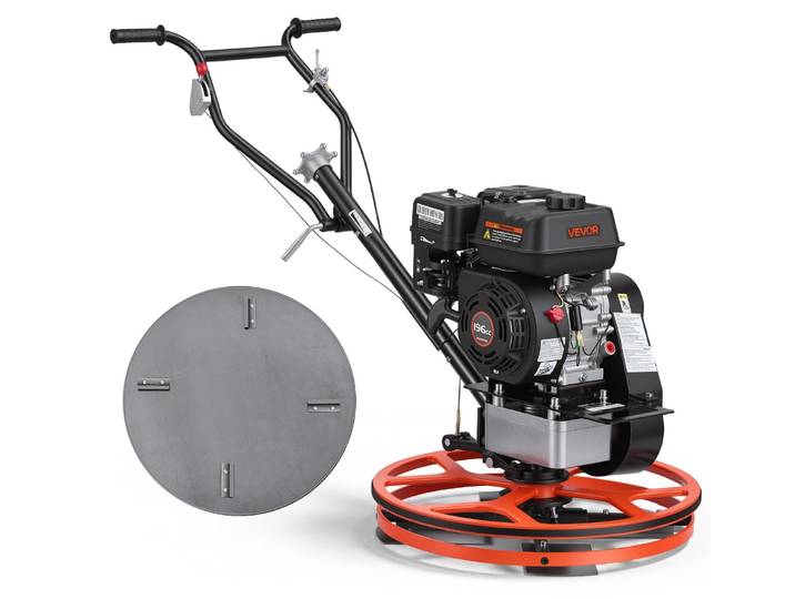 VEVOR\, lisseur de béton à ailettes de 590 mm\, comprenant une plaque de lissage et 4 lames. Lisseur de béton avec moteur essence 4 temps de 5\,5 chevaux et angle de lame réglable de 0 à 18°\, vitesse de 60 à 125 tours par minute\, pour le nivellement des sols sur chantier