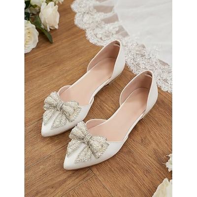 Elfenbeinfarbene, mit Schleife verzierte Damen-Ballerinas, elegante Braut-Ballerinas für die Stadthochzeit