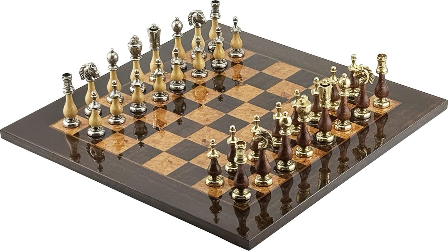 ITALFAMA LUXUS SCHACHSET: Staunton Metall/Wood Figuren (10cm König) + Inlay-Schachbrett 51cm