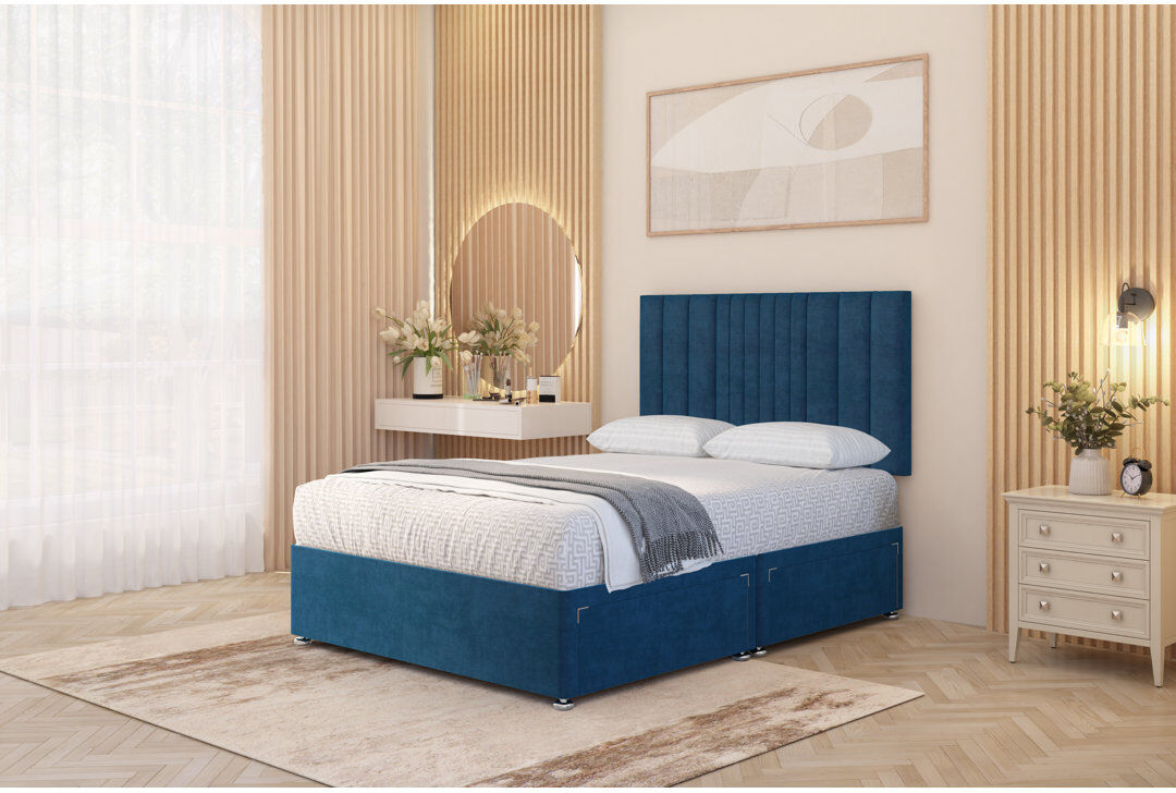 Ebern Designs Alyssa Velvet Divan Bed Set Sprung Memory Foam Mattress & Headboard with Drawers Navy Kingsize (5')