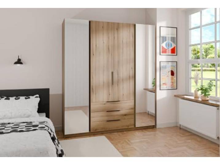 AX Living Nehir Schrank 200 cm Eiche Evoke, 2 Spiegel außen + 3S 2 Spiegel außen; 2 glatte Türen; 3 Schubladen – mehr Ordnung im Alltag.