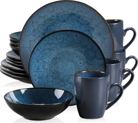 32-delig blauw diner servies van keramiek en porselein