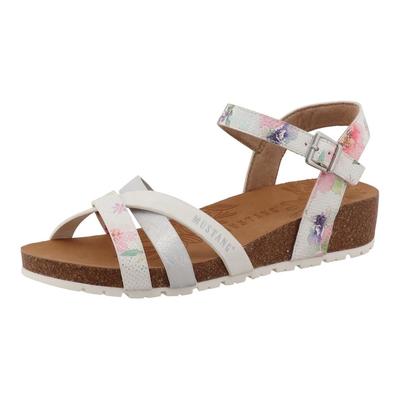 Sandalette MUSTANG SHOES "Magnolia", Damen, Gr. 39, Textil, bunt (weiß multi), Lederimitat, Textil, Schuhe Sandalette, Riemchensandale, Sommerschuh mit modischem Druck