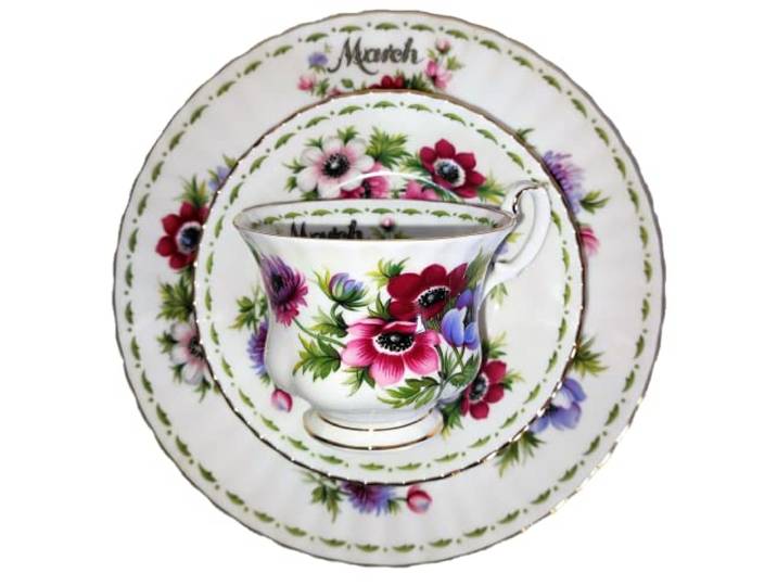AngiesStrickZauber verkauft : Royal Albert/Original/flower of the month/MÄRZ / 1 Tasse - 1 Untertasse - 1 Kuchenteller/Original/Bone China/England