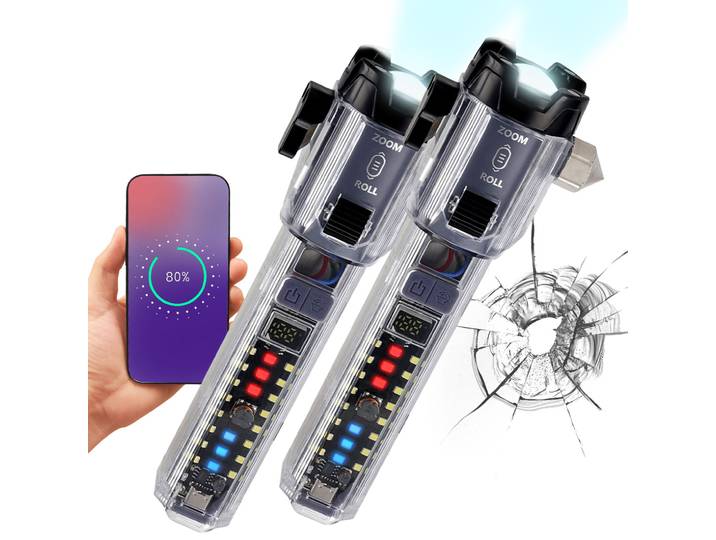 2er-Set Multifunktions-Taschenlampe mit Hammer & Gurtschneider, Akku