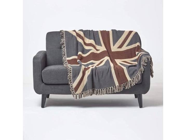 Homescapes Jacquard Decke Union Jack 150x200 cm, Baumwolldecke Vintage Style, Wohndecke blau-braun-Creme, Fransen-Decke britisch, Überwurf Sofadecke Baumwolle