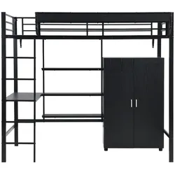 OKWISH Etagenbett aus Metall und Holz, Schwarz, 90x200 cm, gewerblich geeignet, mit Tisch, Kleiderschrank, 5-stufiger Leiter und Stauraum