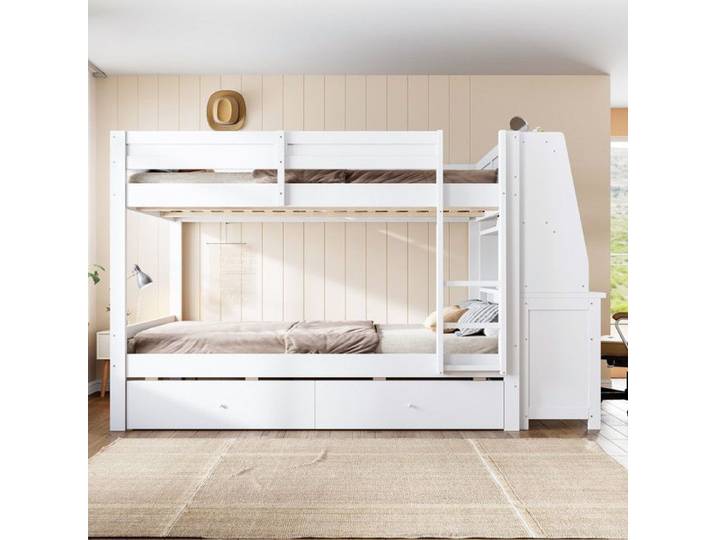 Lit superposé 140x200 avec bureau et armoire réversible blanc