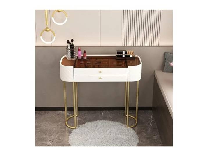 zhangrui1888 Schminktisch Moderner, Schlichter Schminktisch mit 2 Schubladen und Glasplatte Schlafzimmer-Make-up-Waschtisch ﻿(Klein)