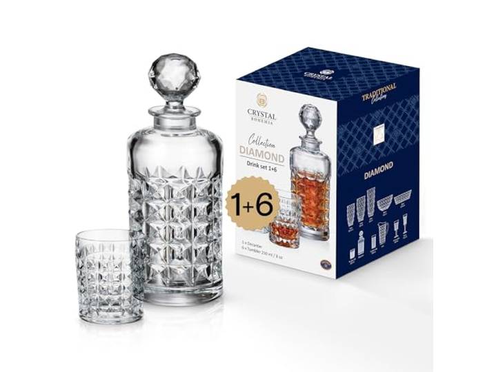 CRYSTAL BOHEMIA Krug und Whiskygläser im Set - Spülmaschinenfester Krug und 6 kratzfeste Gläser (je 230 ml) aus Kristallglas - Für Alltag, Familien, Restaurants, im Freien und Partys