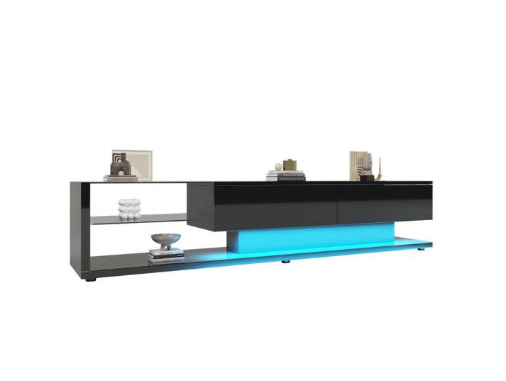 Flieks Tv-Schrank Lowboard Hochglanzschwarz LED-Beleuchtung rustikal & modern, Schwarz, Holz, 46x17x133 cm, Wohnzimmer, TV Möbel, Lowboards, Lowboards stehend