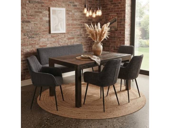 Woward Essgruppe mit Sitzbank + 4 Stühlen, Dunkelgrau, Metallbeine Taschenfederkern