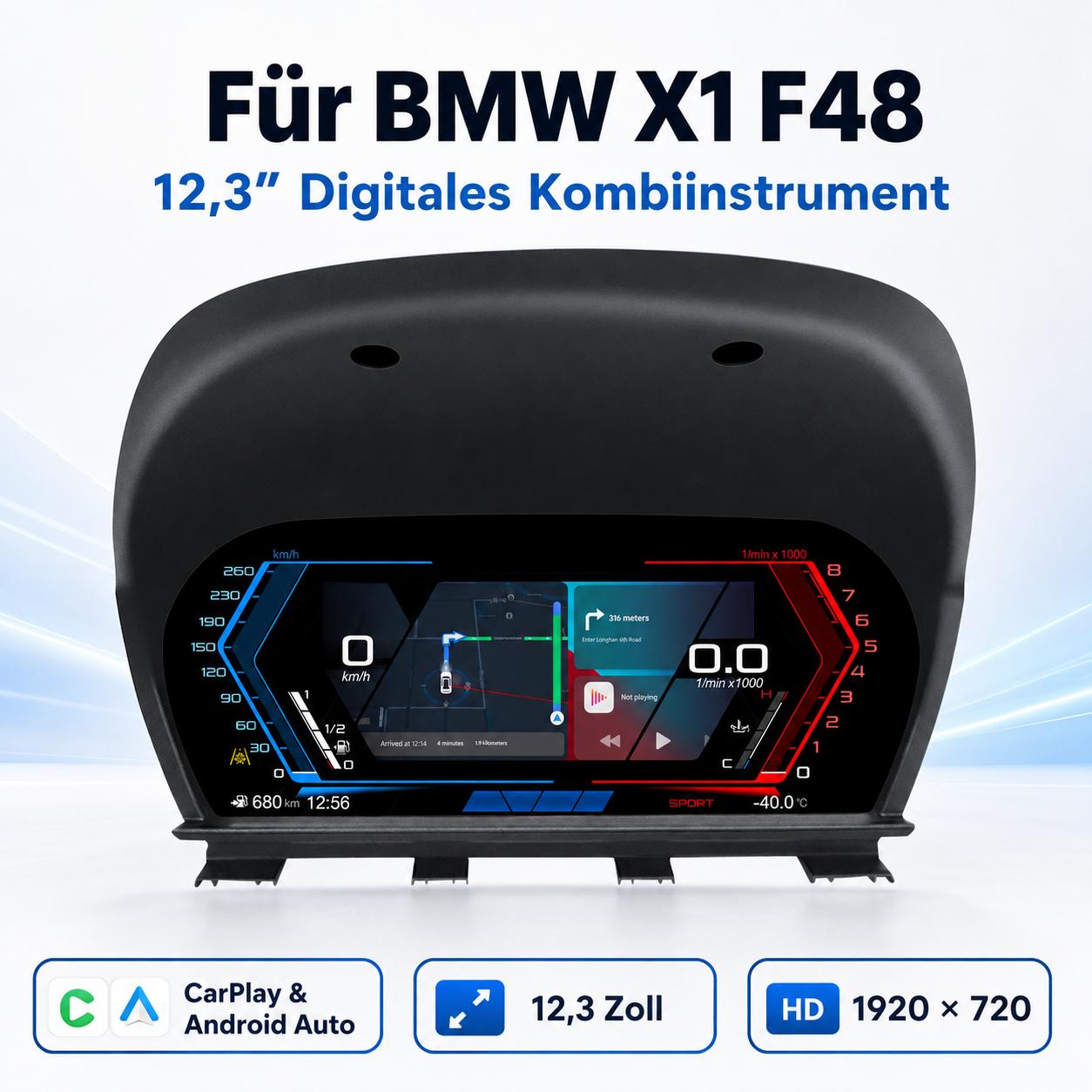 12,3 Zoll Digitales Kombiinstrument für BMW X1 F48 - 1920×720 LCD Tacho Cockpit mit Wireless CarPlay & Android Auto, Linux System