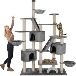 HAPPYPET XXL Kratzbaum Simba deckenhoch 260 cm - Kletterbaum Paradies, Extra Breit, Höhlen, Liegemulden, Großer Katzenbaum Stabil für Katzen, 9 cm Säulen, viel Zubehör   Grau