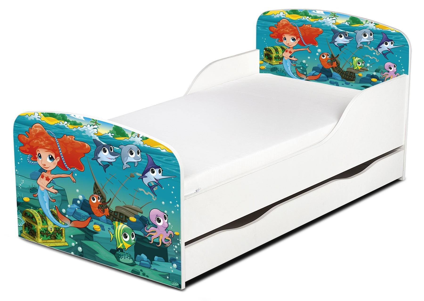 Modernes Kinderbett mit Schublade und Matratze 140x70cm UV-Druck (Meerjungfrau)