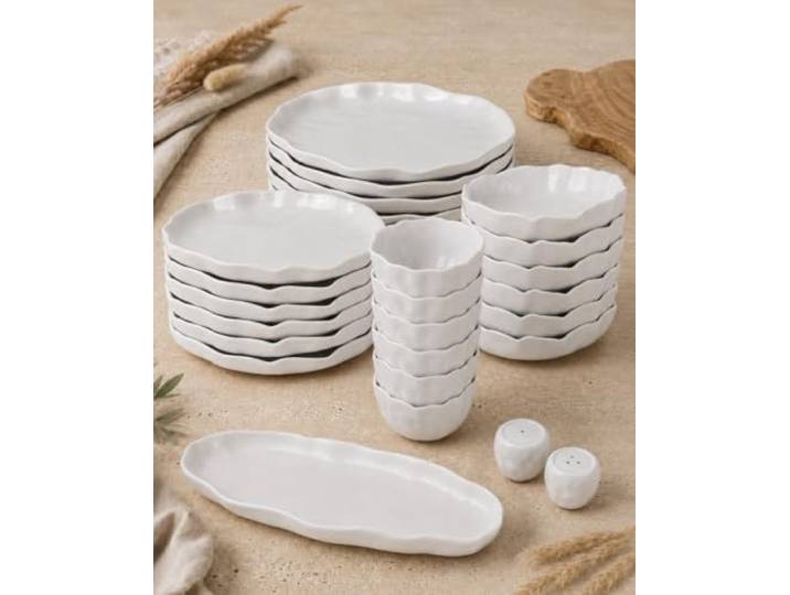 BRICARD Angles Porzellan-Geschirrset 27-teilig für 6 Personen, Weiß Tafelservice: Speise-, Dessert-, Suppenteller, Schalen, Servierplatte, Salz-Pfeffer-Set; spülmaschinen- & mikrowellengeeignet