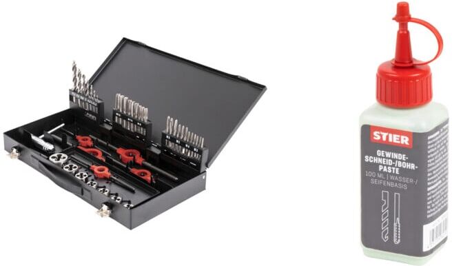 Set Stier STIER Gewindeschneid Set mit Gewindebohrern M3 - M12 HSS-G 45-teilig + STIER Gewindeschneidpaste Bohrpaste 100 ml Wasser-/ Seifenbasis