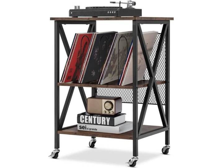 GOPLUS Table d'Appoint Chariot Roulant 3 Niveaux Rangement pour 250 Vinyles 52x45x75CM Support de Tourne-Disque Cadre en Acier