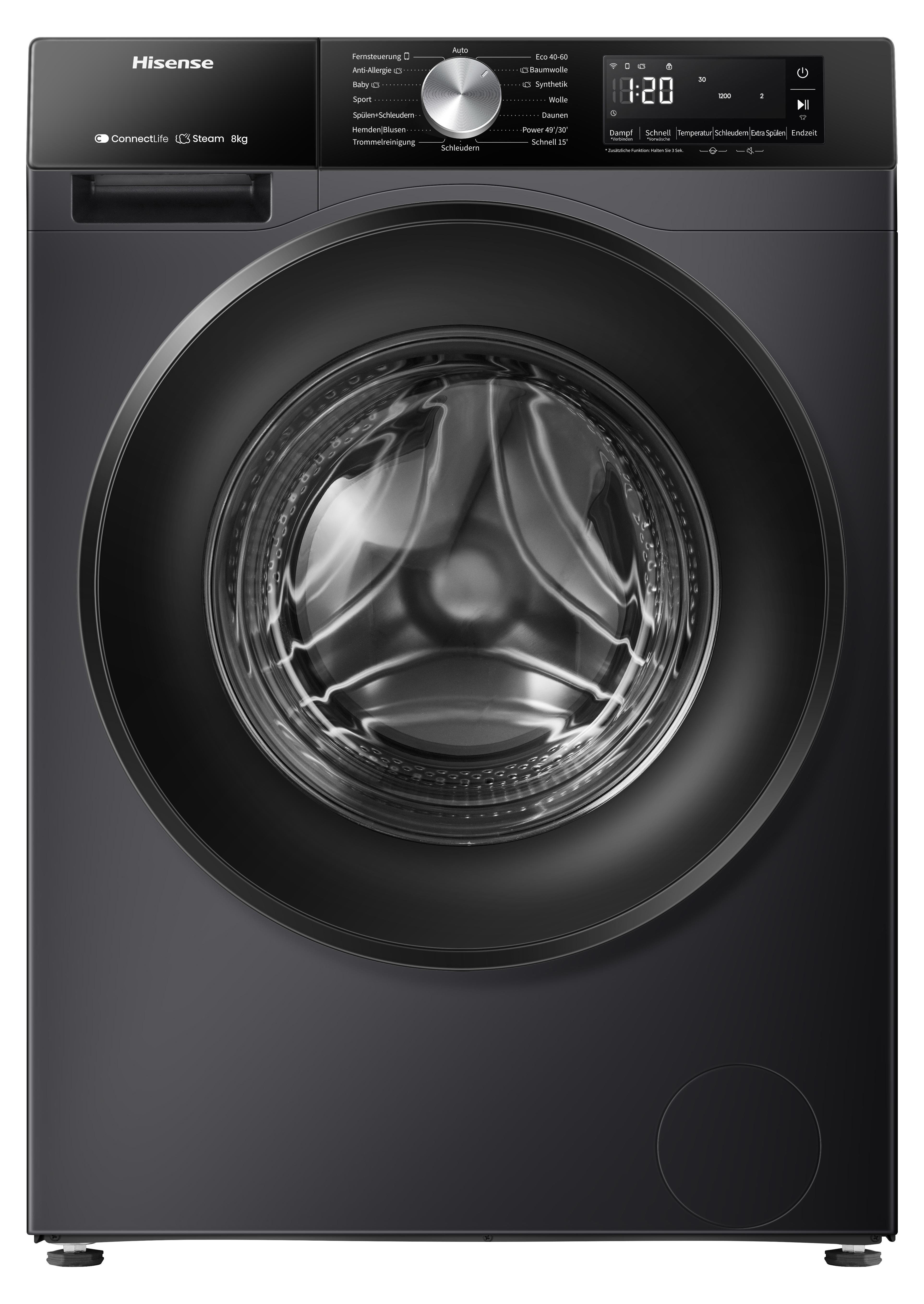 Hisense WF3S8043BB3 Waschmaschine, ConnectLife, Dampffunktion, Power JetWash, 8 kg, Schwarz