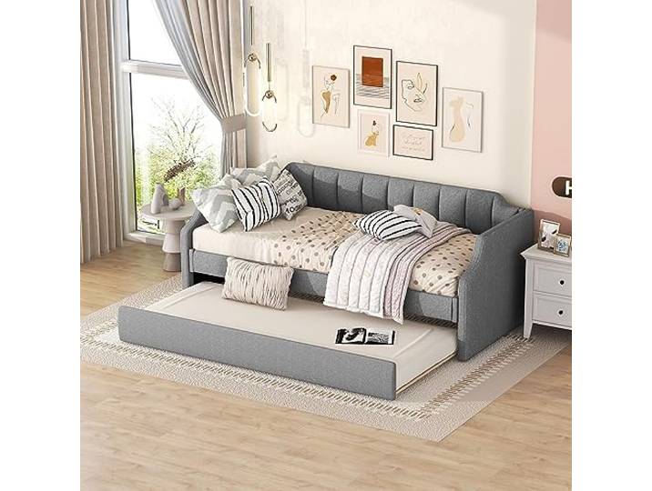 SOFTWEARY Schlafsofa, 90x200cm/90x190cm, Ausziehbett mit Bettfunktion, inkl. Lattenrost, Bezug aus Leinen, Einzelbett, Polsterbett, Jugendbett (grau)